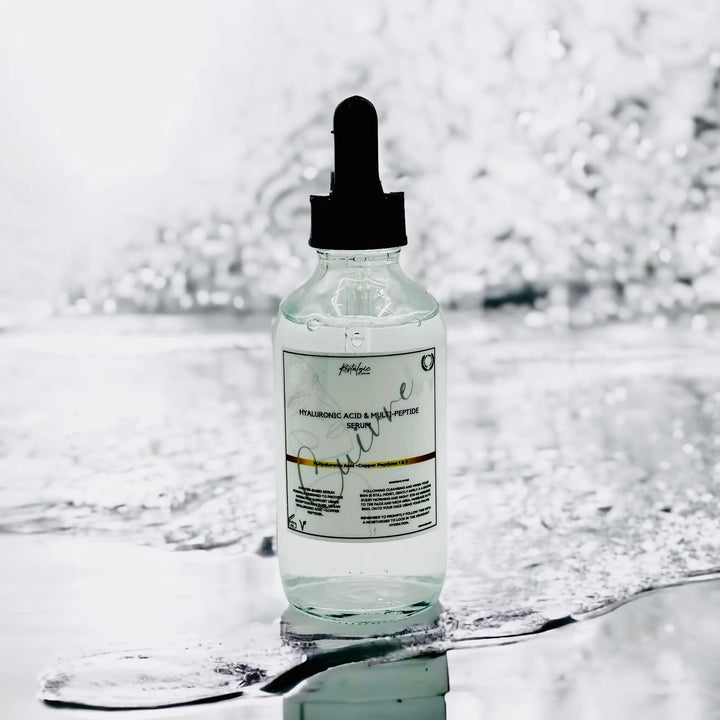 Hyaluronic acid serum bottle with pipette dropper, clear glass, label on front
