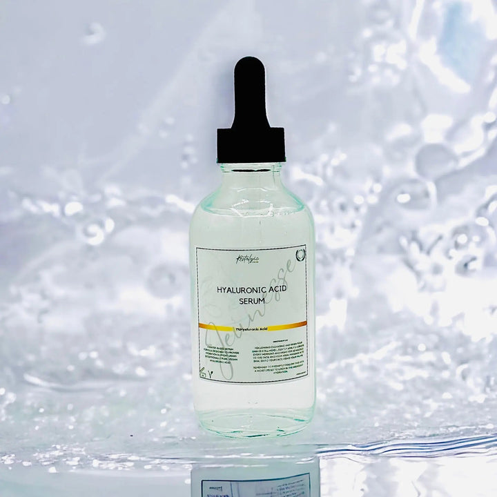 Hyaluronic acid serum bottle with pipette dropper, clear glass, white label on front