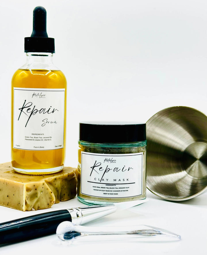 Hyperpigmentation correction kit serum bottle with dropper and Repair label