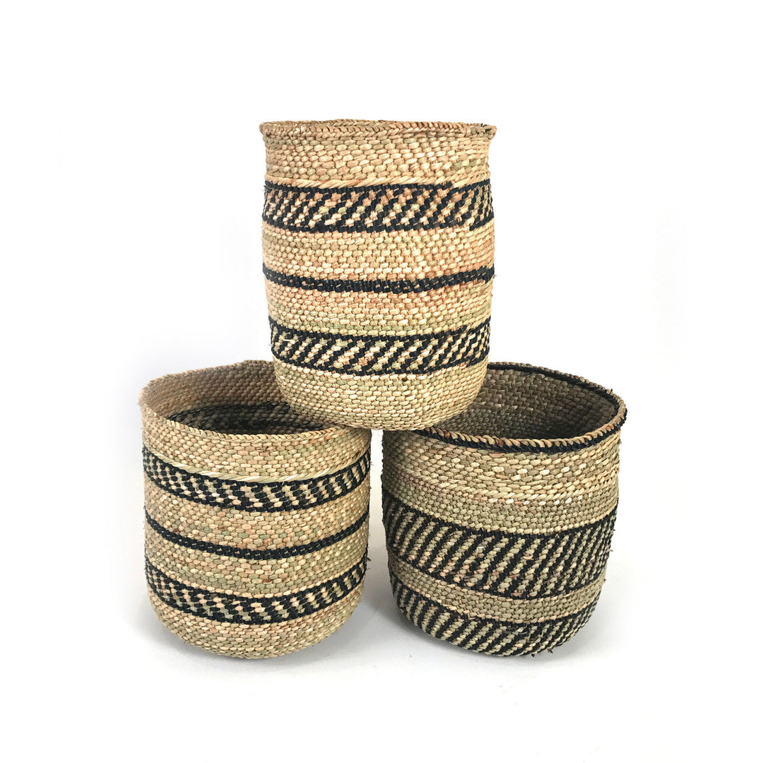 Woven Iringa-style nesting baskets with black stripe bands, natural weave, three pieces