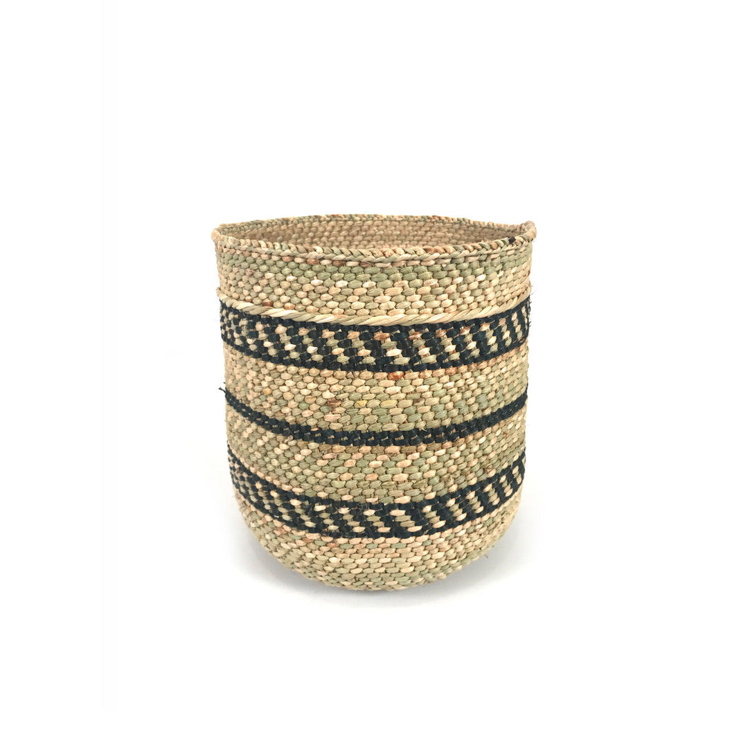 Small woven Iringa-style basket with black stripe bands, natural weave, open top