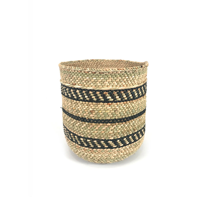 Small woven Iringa-style basket with black stripe bands, natural weave, open top