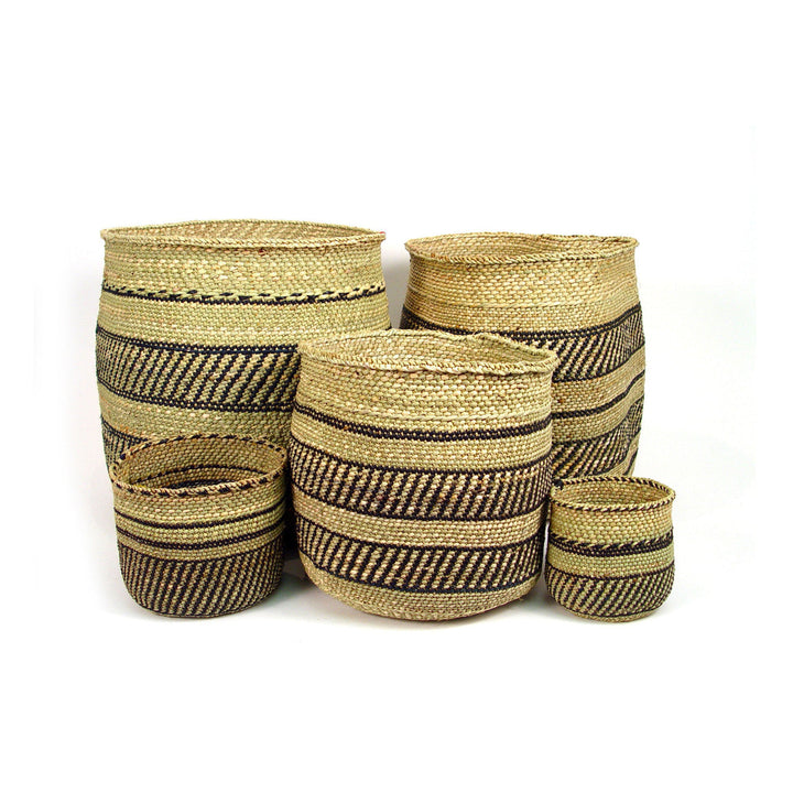 Woven Iringa-style basket set, natural base with black stripe bands, various sizes
