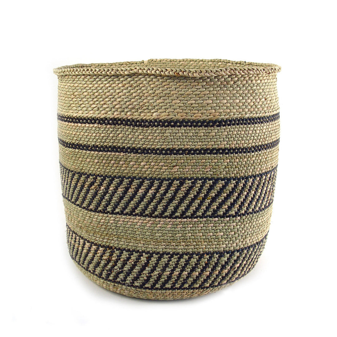 Woven Iringa-style basket with horizontal black stripes, natural weave, rounded top