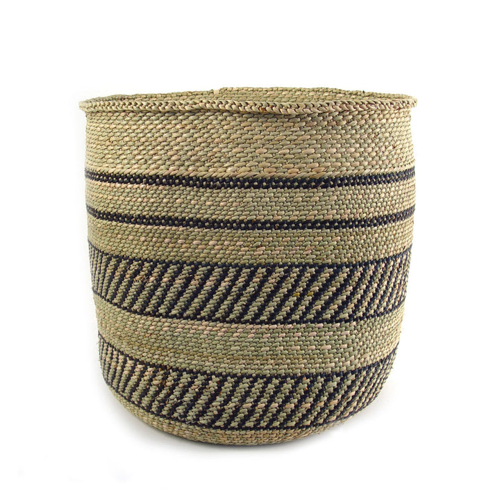 Woven Iringa-style basket with horizontal black stripes, natural weave, rounded top