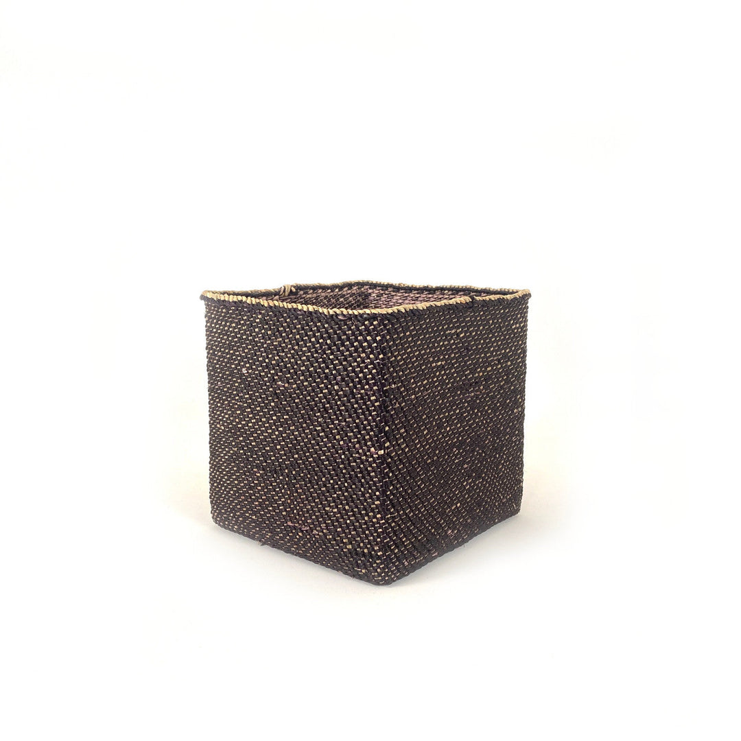 Square woven basket with dark body and tan speckled weave