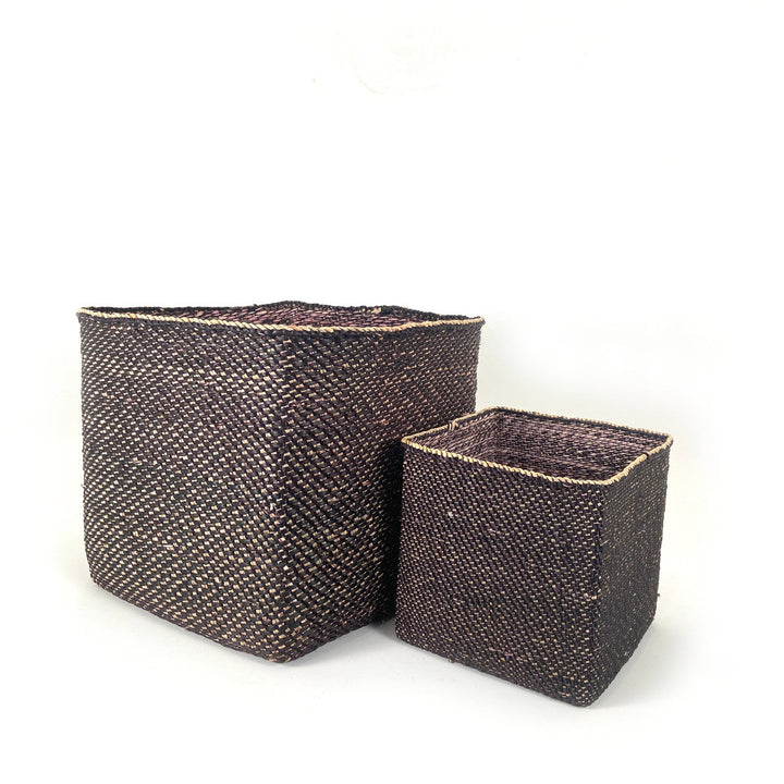 Set of 2 square woven baskets, dark with tan flecks, nested together