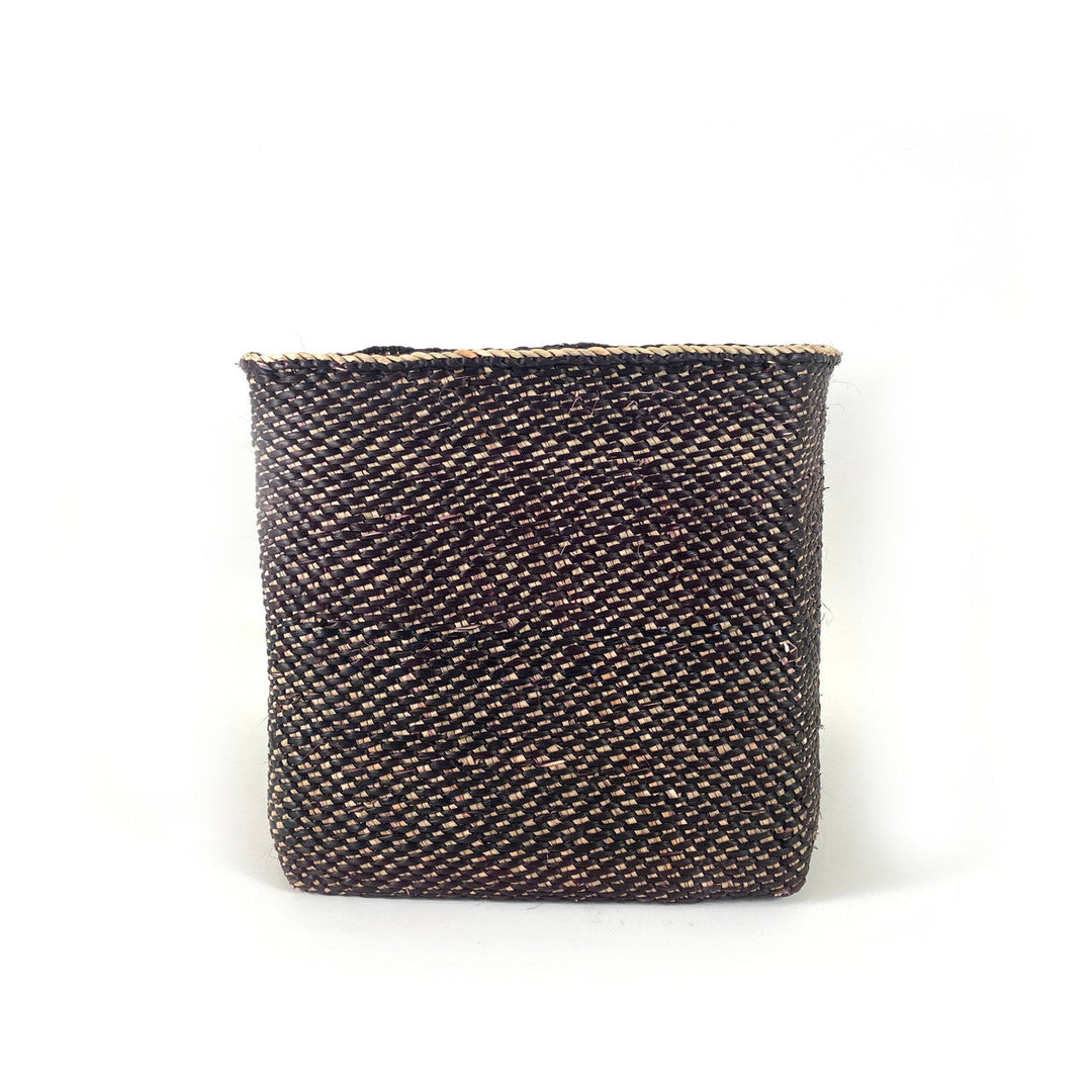 Small square woven basket, dark with tan flecked texture, open top