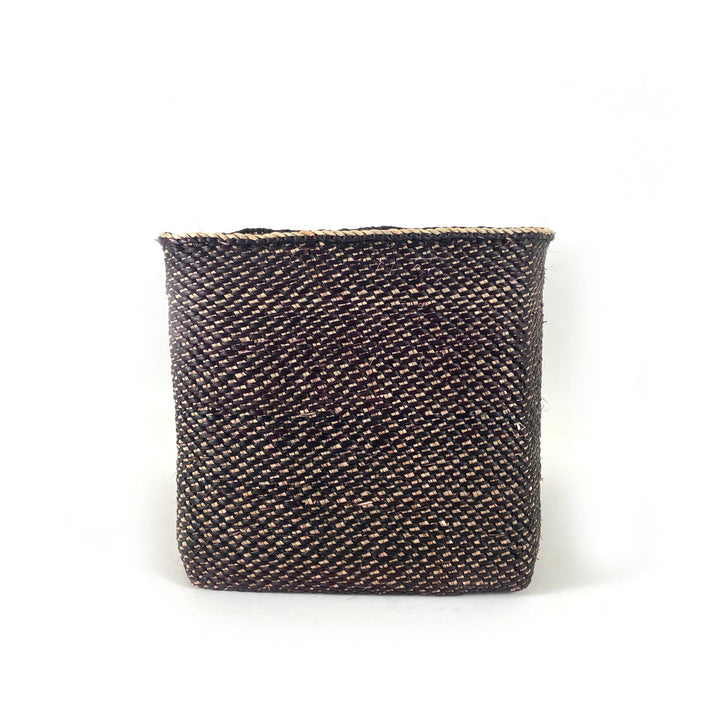 Small square woven basket, dark with tan flecked texture, open top