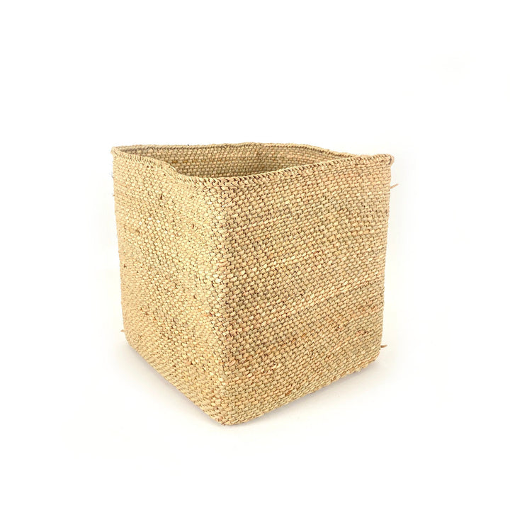 Square natural-fiber storage basket with open interior and woven walls