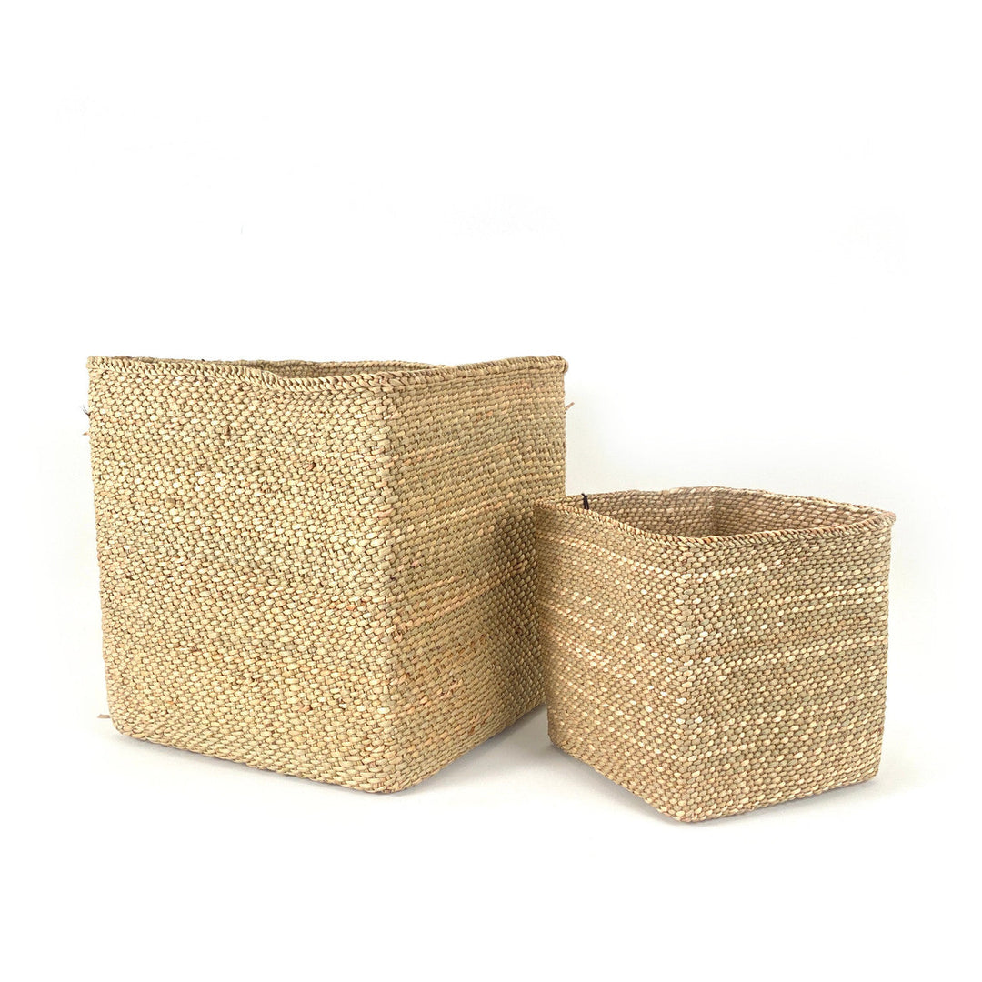 Square natural-fiber basket set, two nesting boxes with woven texture