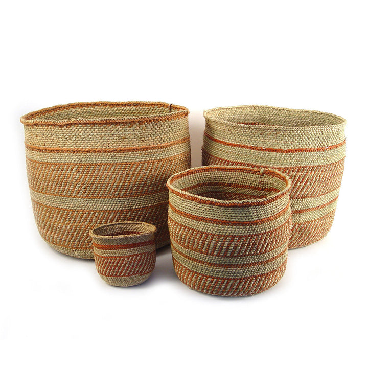 Woven storage basket set in natural with orange and red horizontal stripes