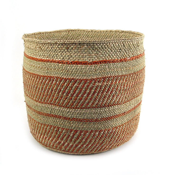 Woven round basket with natural base and orange-red horizontal stripes