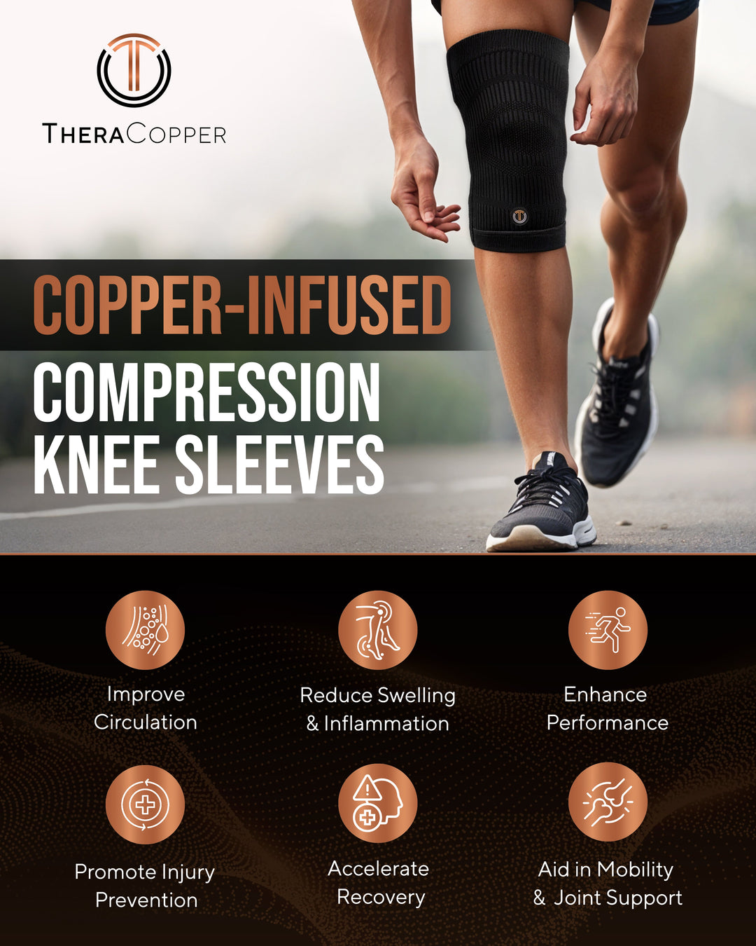 Black compression knee sleeve with copper logo patch on runner’s leg