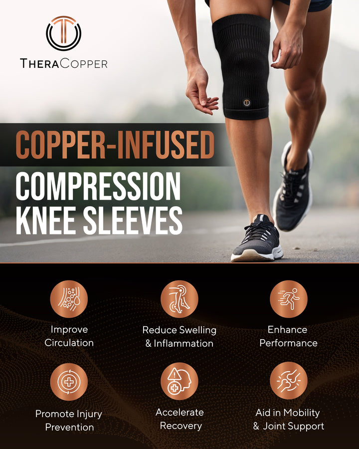 Black compression knee sleeve with copper logo patch on runner’s leg
