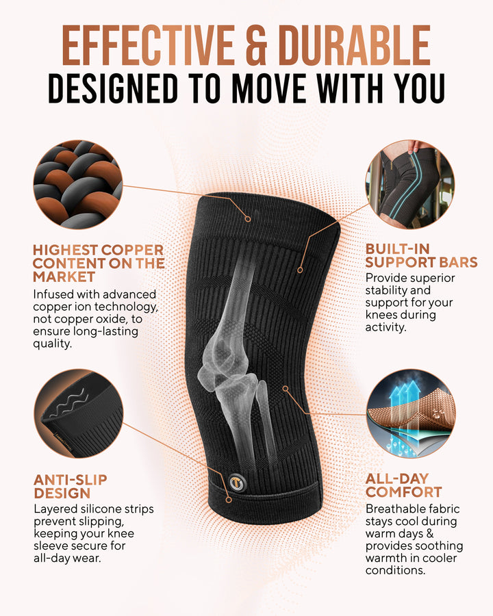 Black compression knee sleeve with copper accent bars and anti-slip silicone band