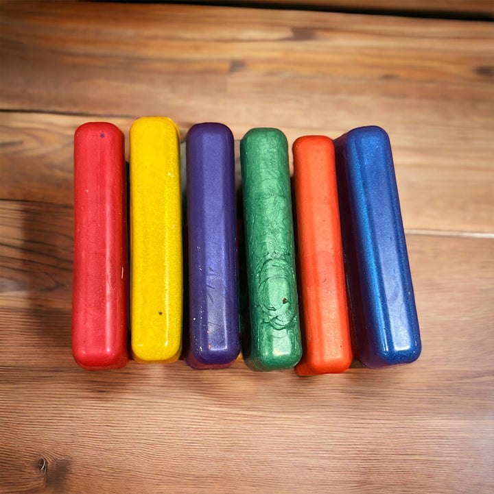 Bath crayons set of six colored wax sticks: red, yellow, purple, green, orange, blue