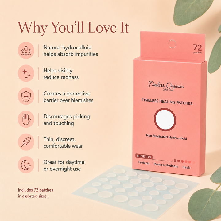 Peach-pink healing patch box with a sheet of round hydrocolloid patches.