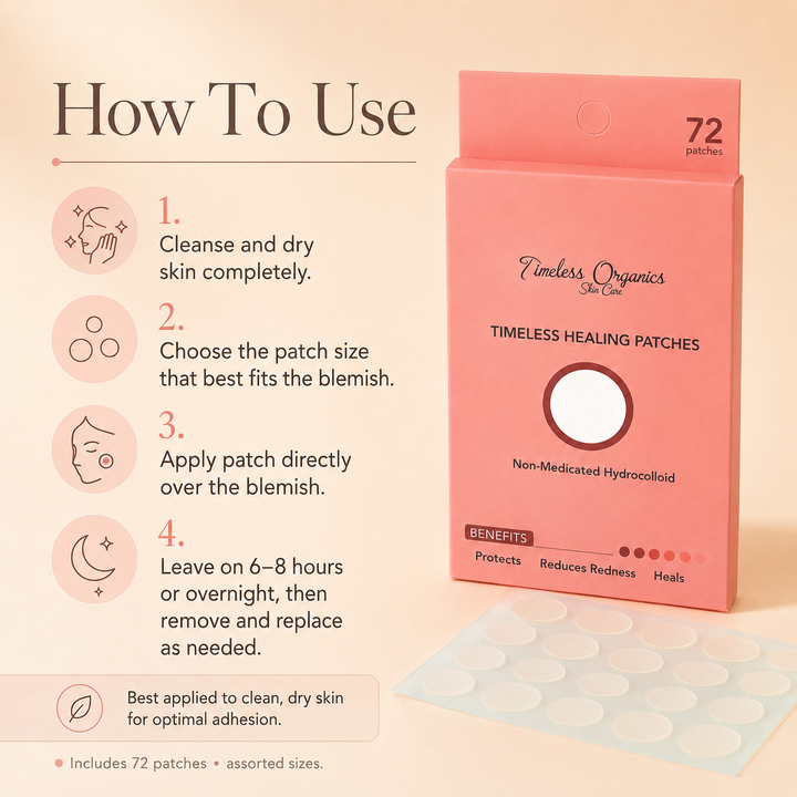 Peach-pink patch box with a clear sheet of round hydrocolloid pads.