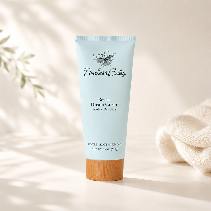 Light blue baby cream tube with wood base; Rescue Dream Cream label
