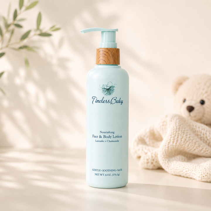 Light blue lotion bottle with pump for face and body, lavender &amp; chamomile