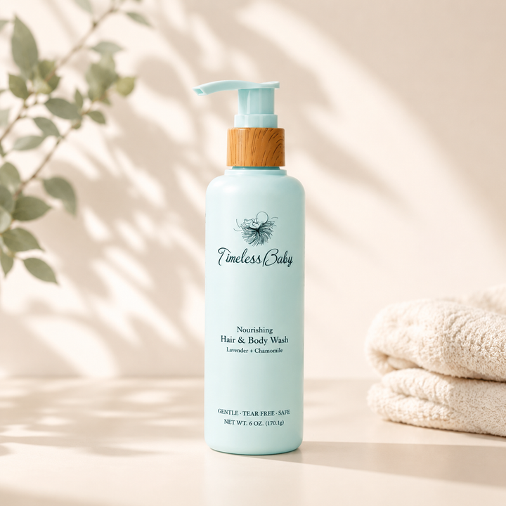 Mint light-blue hair and body wash bottle with wooden pump and flip-top dispenser
