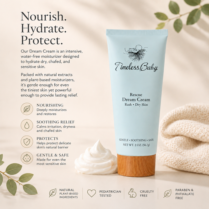 Light blue baby rash cream tube with wood base; front label shows Gentle, Soothing, Safe