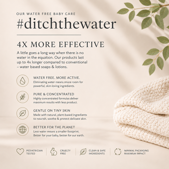 Water-free baby care marketing graphic with &