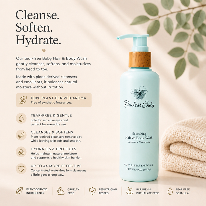 Light-blue hair and body wash bottle with mint pump and lavender-chamomile label