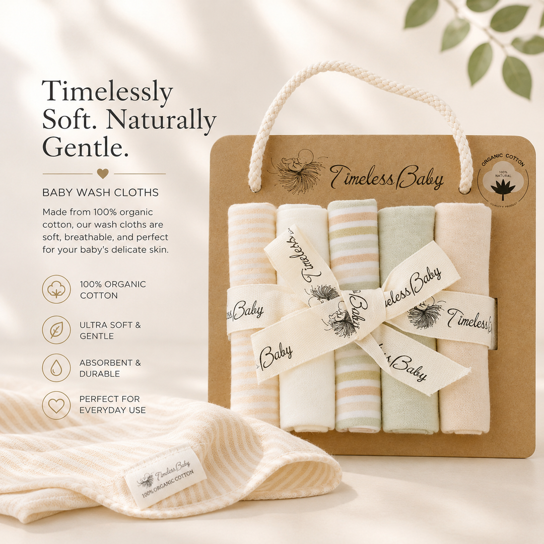 Organic baby washcloth set in brown handle gift box; cream and striped pieces.