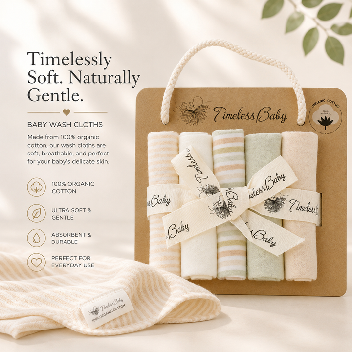 Organic baby washcloth set in brown handle gift box; cream and striped pieces.