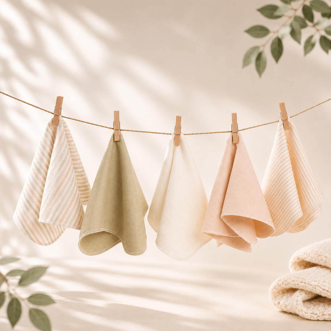 Organic baby washcloths hanging on clips; cream, sage, tan and striped folds.