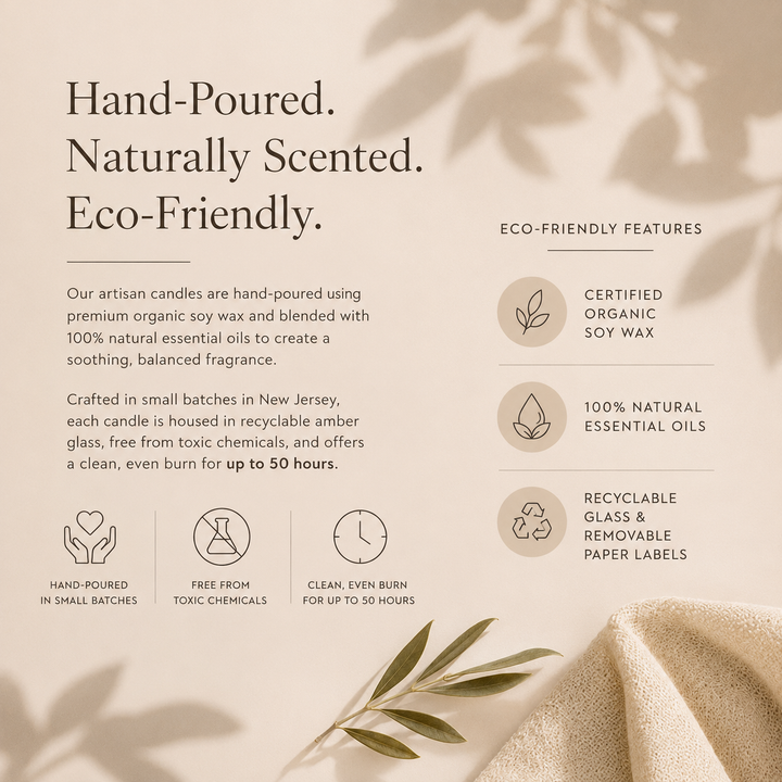 Eco-friendly candle packaging graphic with soy wax and recycled glass icons