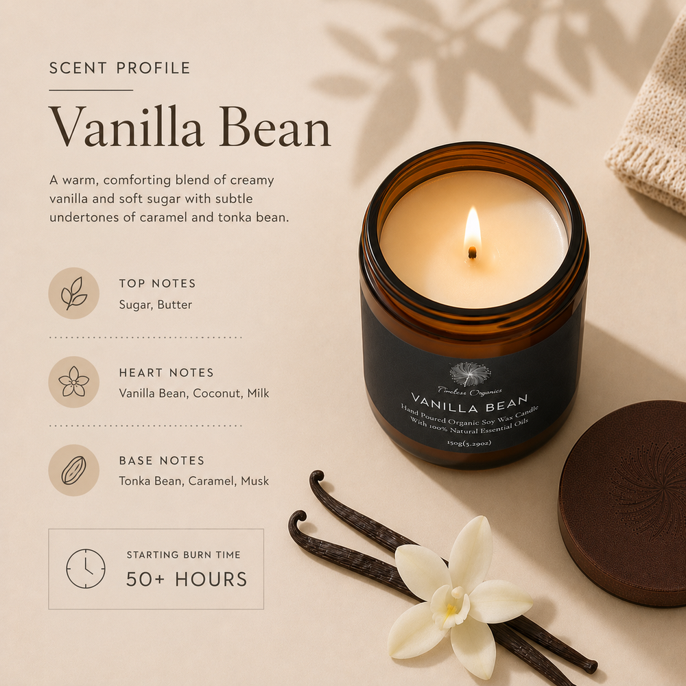 Vanilla bean scented soy candle in amber glass jar with lit wick.