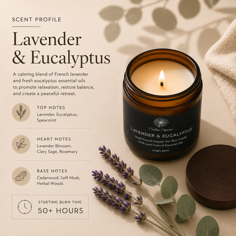 Lit lavender & eucalyptus candle in amber glass jar with wax wick, product label visible
