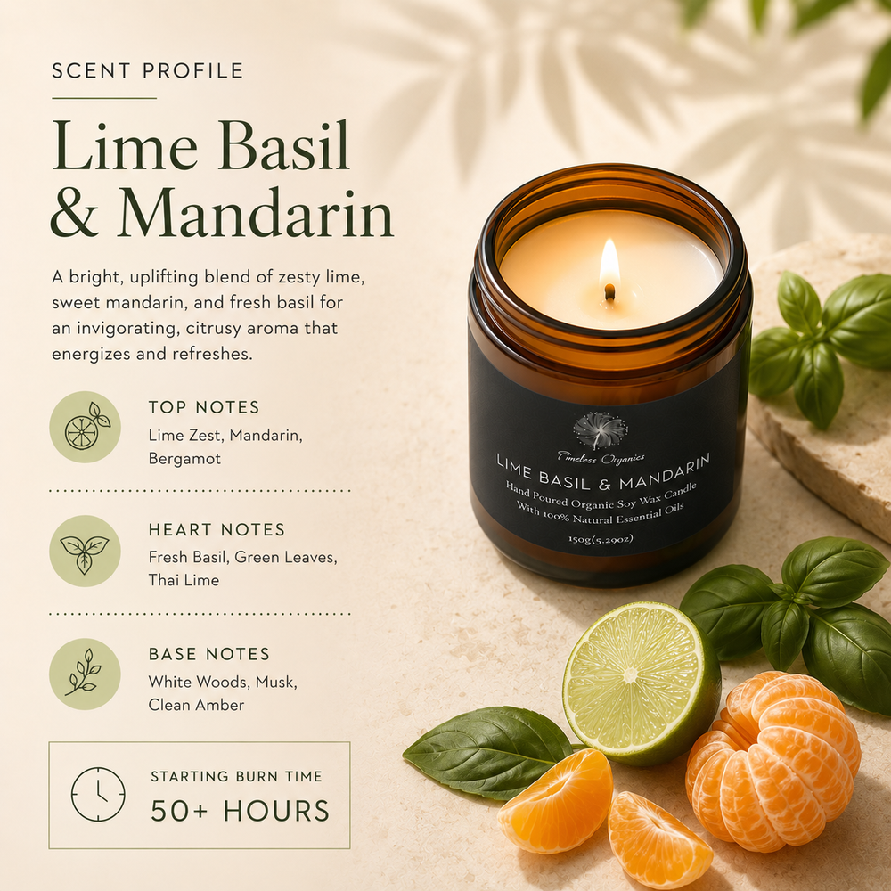 Lit soy candle in amber glass jar with Lime Basil & Mandarin label