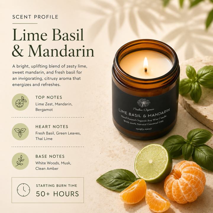 Lit soy candle in amber glass jar with Lime Basil &amp; Mandarin label