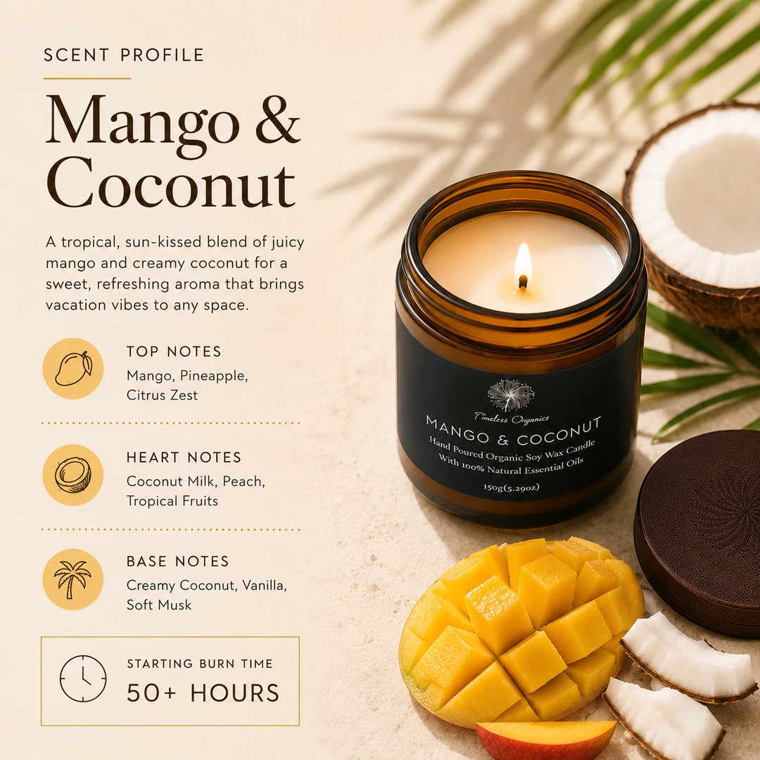 Lit Mango &amp; Coconut candle in amber glass jar with black label