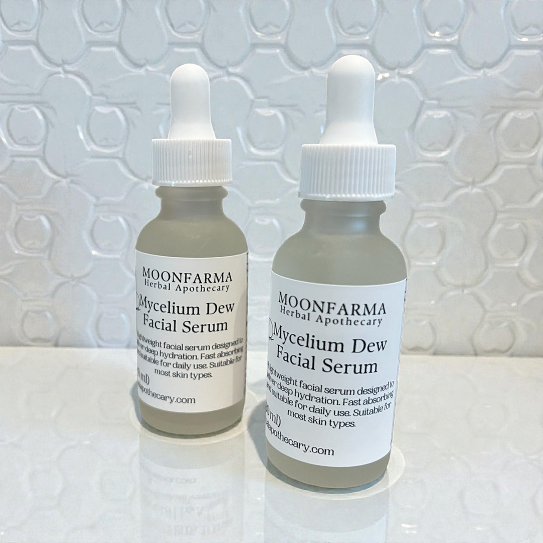 Facial serum bottle pair with dropper caps, Mycelium Dew label