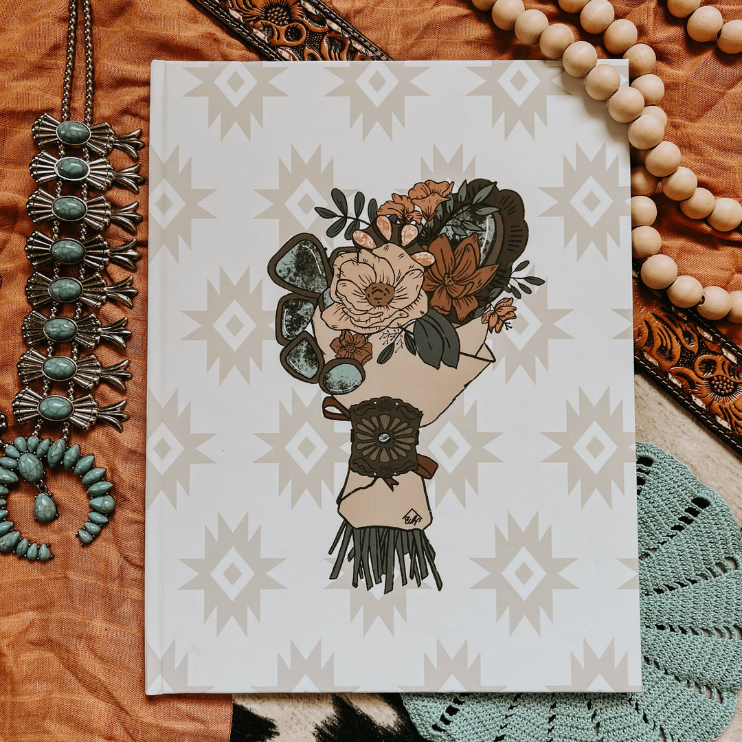 Wedding book cover with turquoise bouquet illustration and geometric star pattern