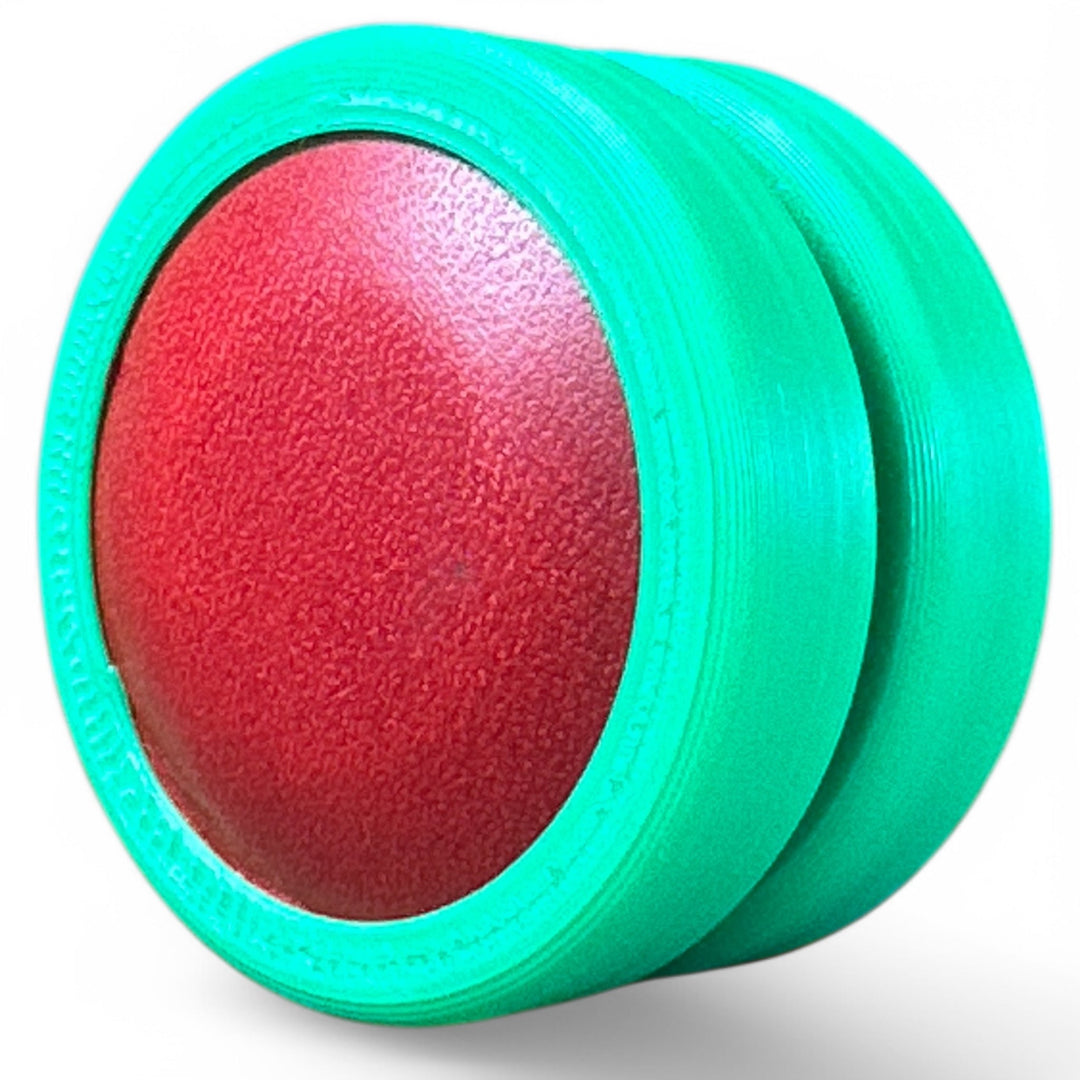 Turquoise and red striped round stacking toy with textured oval opening