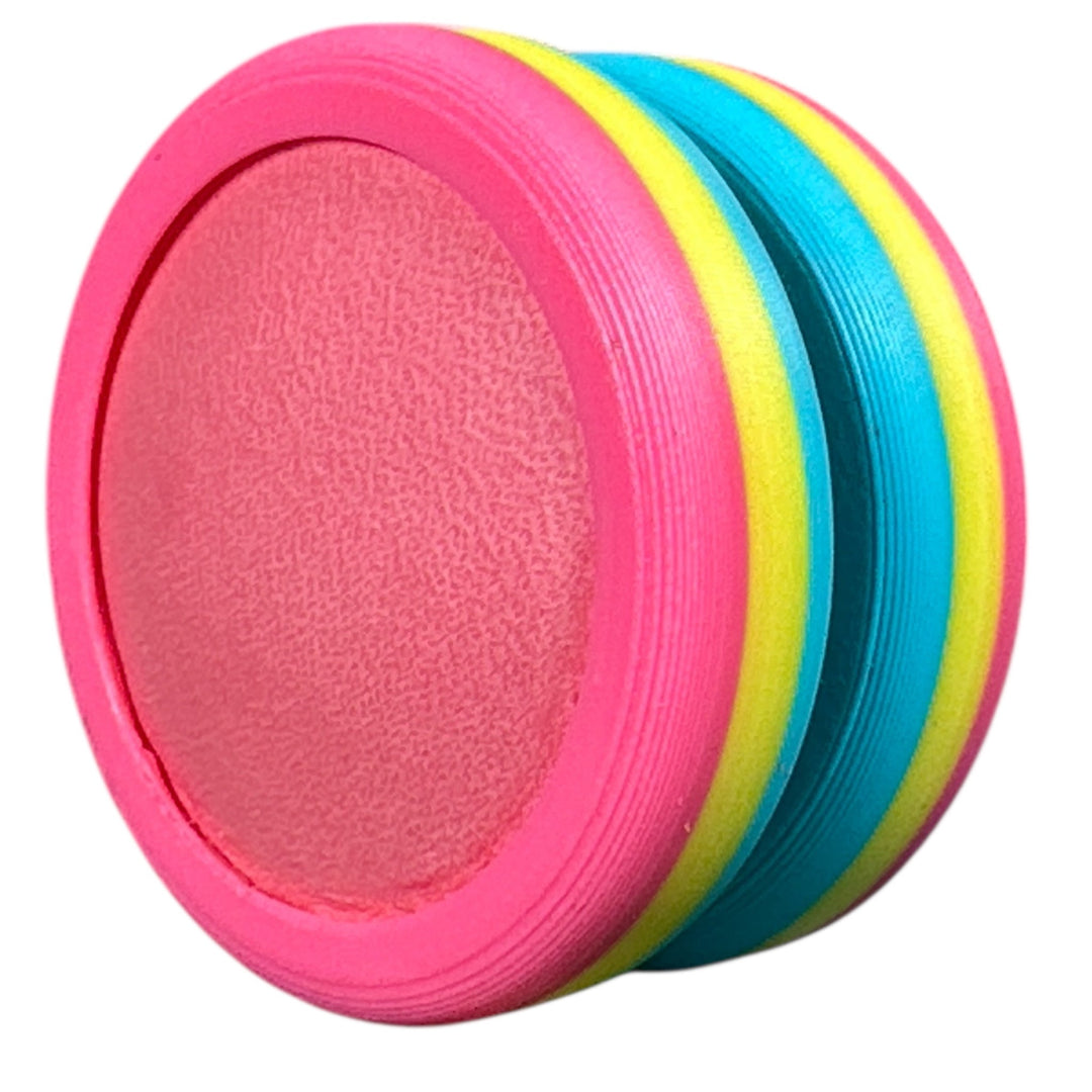 Pride Moons stack of pink, yellow, and blue striped oval discs