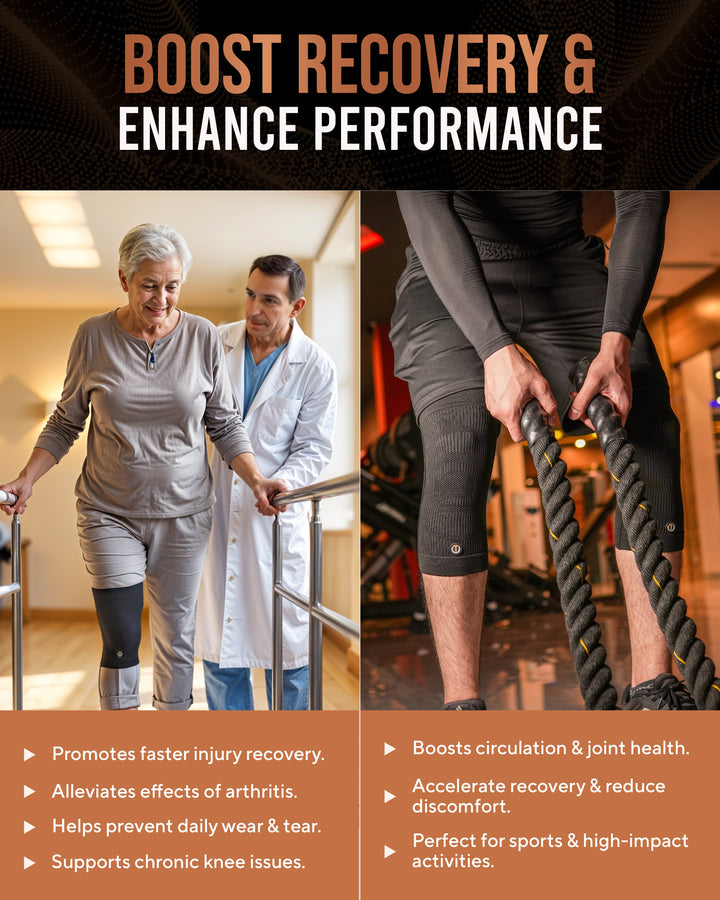 Black compression knee sleeve on leg with copper logo patch for joint support
