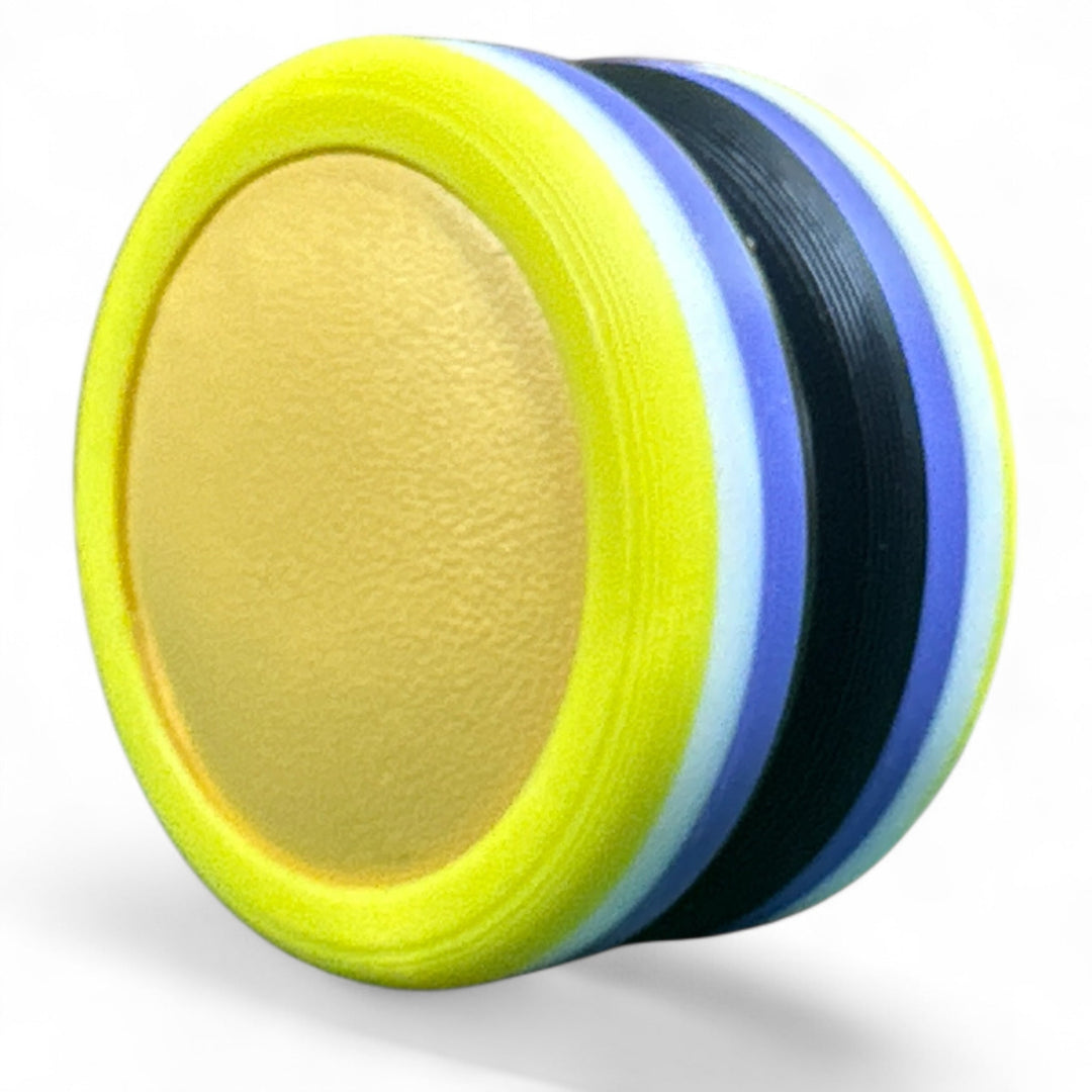 Close-up of pride round band showing neon yellow ring with light blue and black stripes