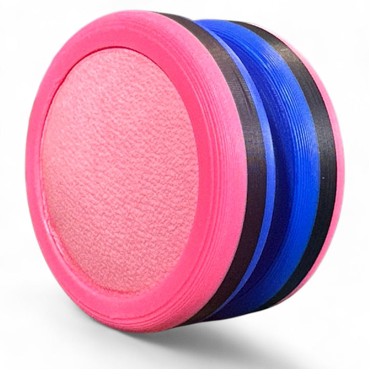 Pride Moons circular discs with pink outer ring, light pink center, and blue stripe