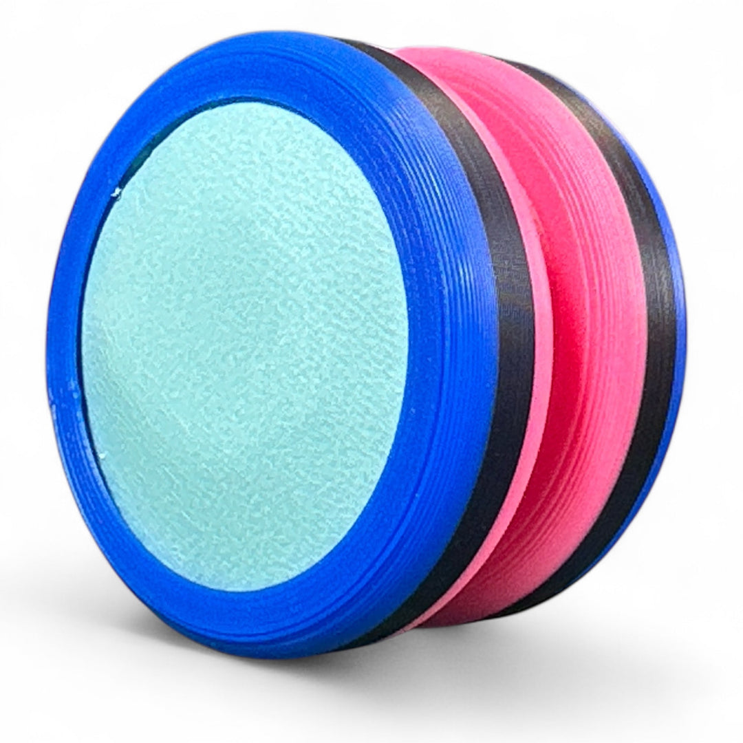 Pride Moons circular discs with blue outer ring, light blue center, and pink stripe