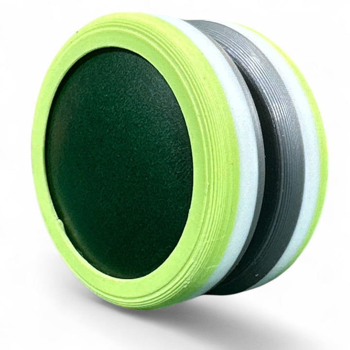 Pride Moons circular discs with lime outer ring, dark center window, and gray ring