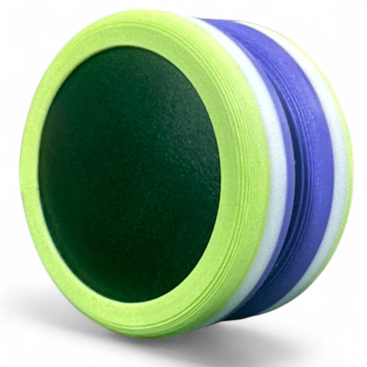 Pride Moons stacked disc with lime green and blue outer stripes around a dark center