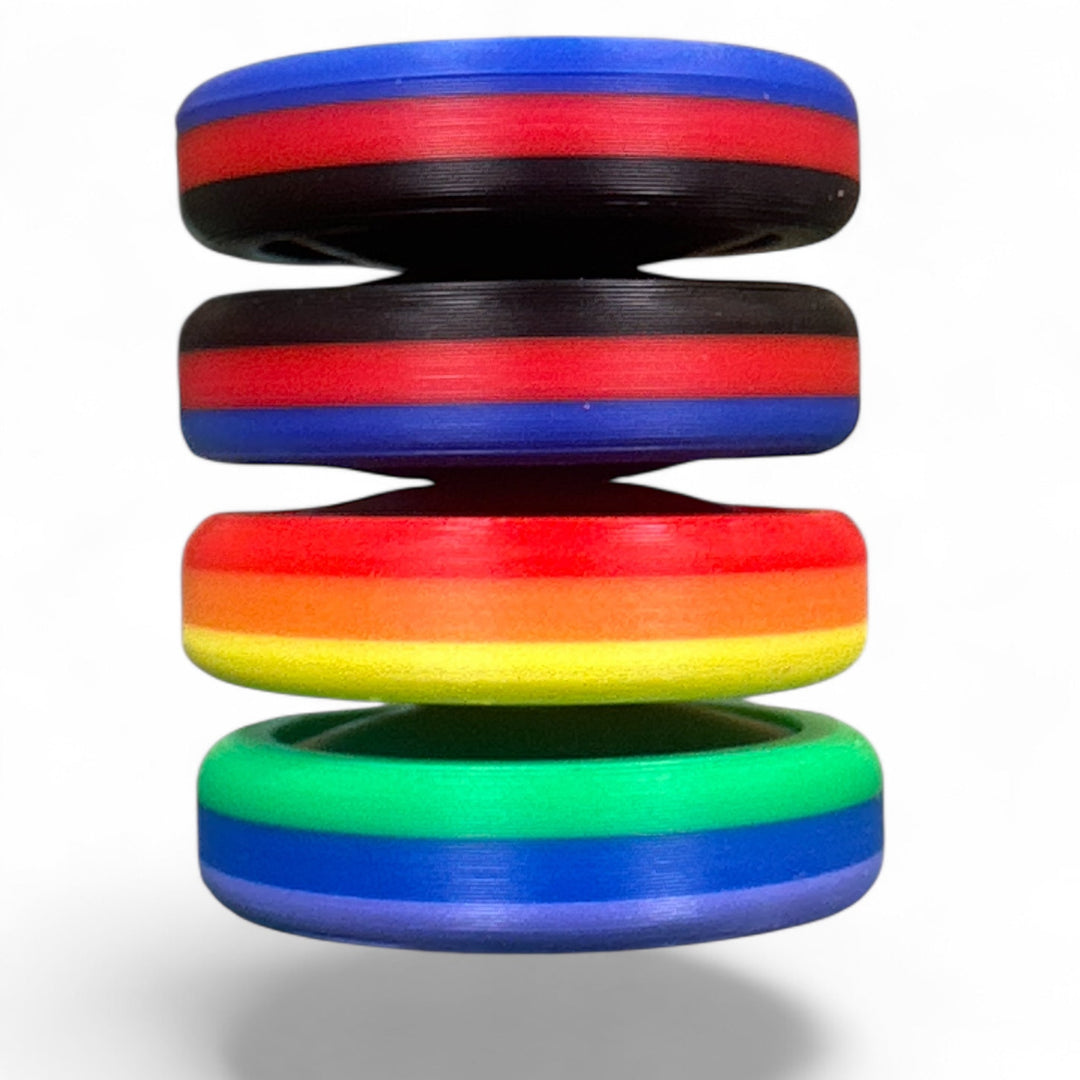Pride Moons stacked disc bands with blue, red, yellow-orange, lime, and green stripes