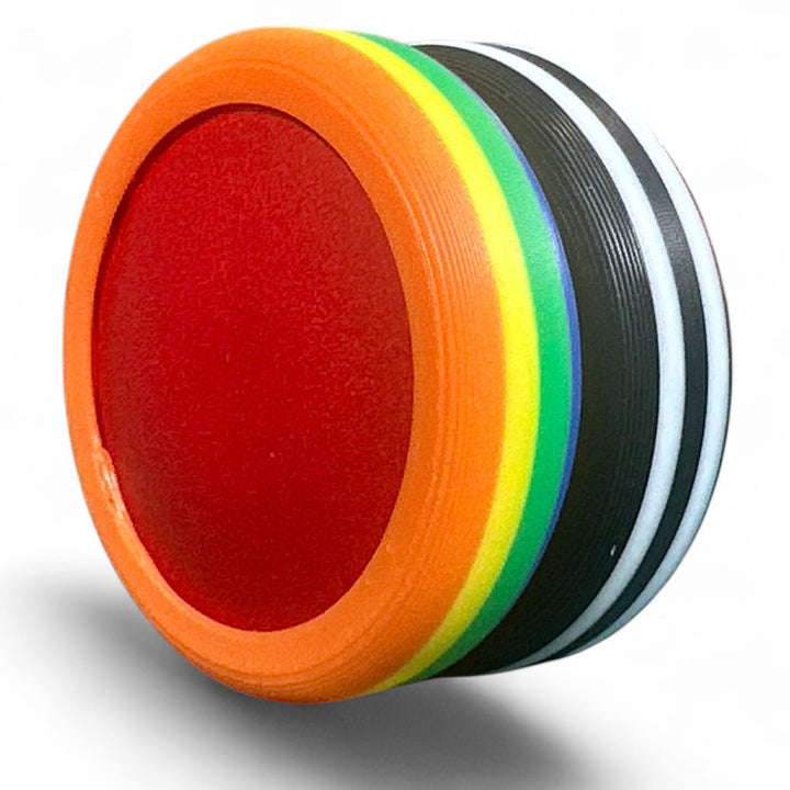 Pride Moons stacked disc with orange outer stripe, red center, green-yellow, and black layers